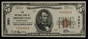 Fr 1800-1 $5 1929 National Bank Note Brookville PA US - Ch 3051 AU/UNC - CA1215 - Picture 1 of 2
