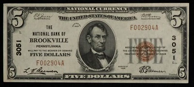 Fr 1800-1 $5 1929 National Bank Note Brookville PA US - Ch 3051  AU/UNC - CA1215 - Image 1 of 2