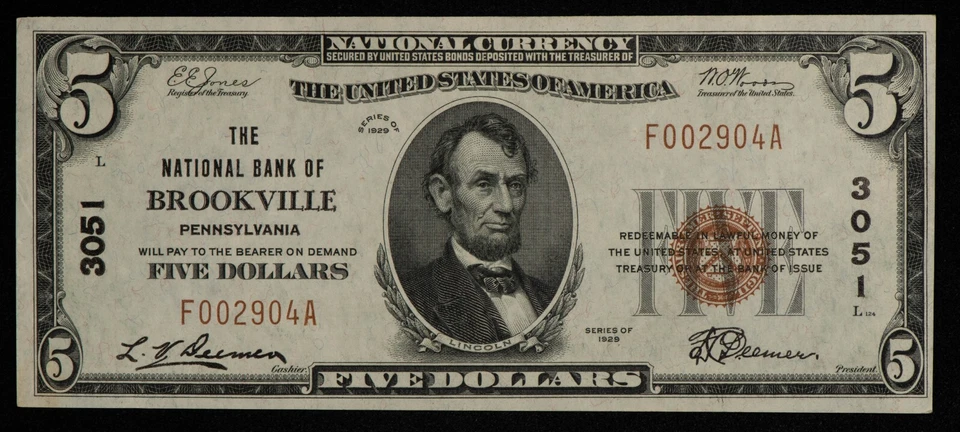 Fr 1800-1 $5 1929 National Bank Note Brookville PA US - Ch 3051  AU/UNC - CA1215 - Image 1 of 2