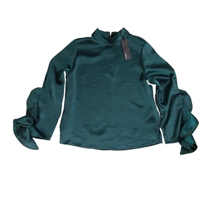 Autograph Blouse Womens Size UK 10 Green Satin Ruffle Sleeve Funnel Neck M&S - Picture 1 of 10