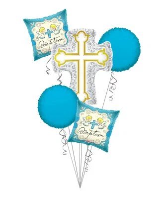 Baby Boy Christening, Baptism Silver & Gold Cross Balloon Bouquet (5 Balloons) - - Image 1 of 4