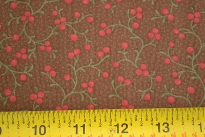 By 1/2 Yd, Red Berry Vine on Brown Cotton, Moda/Kansas Troubles/Vine Creek, V556 - Image 1 of 4