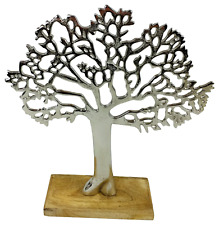 Silver Tree of Life on Wooden Base Metal Sculpture Ornament 27cm