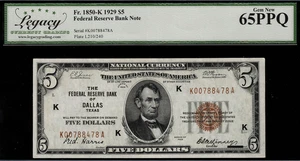 1929 $5 Federal Reserve Bank Note - Dallas - FR.1850-K - Graded Legacy 65PPQ - Picture 1 of 2
