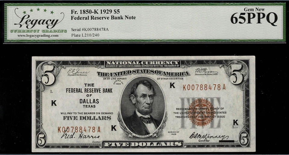 1929 $5 Federal Reserve Bank Note - Dallas - FR.1850-K - Graded Legacy 65PPQ - Image 1 of 2