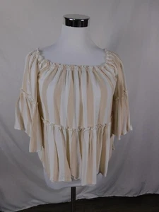 American Eagle Shirt Womens XS Beige White Stripe Off Shoulder Peasant Boho Top - Picture 1 of 11