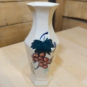 Grape Vine Bud Vase Hexagon Ceramic Fruit Pattern 8 3/8" Vtg Swanky Barn - Picture 1 of 12