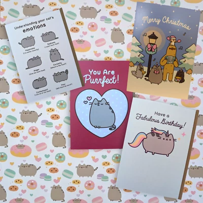 Tarjetas de felicitación y envoltura de regalo Pusheen The Cat personaje de dibujos animados de gato atigrado
