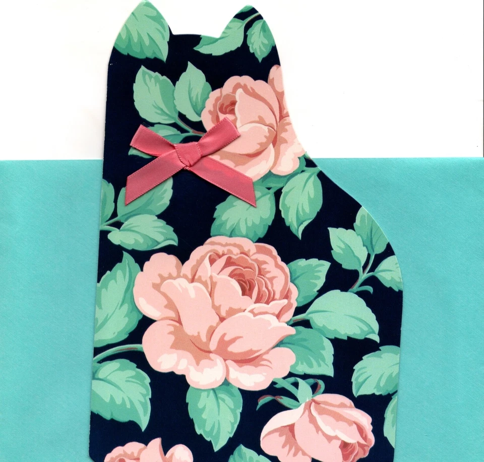 Tarjetas en blanco rosa y verde florales gatito gato saludos americanos - Juego de 4 Foto 1 de 3