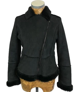 BENETTON TWEEN COAT JACKET age 11 12 BLACK Faux Fur Shearling Biker Zip Up Midi - Picture 1 of 16
