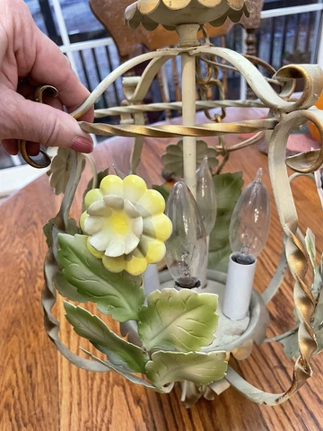 Vintage Italian Tole Painted W/Gold Leafing 4 Arm Chandelier Wrought Iron Cover
