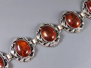 VTG Sterling Silver BALTIC AMBER CABOCHONS Panel Link Bracelet VINE LEAVES FRAME - Picture 1 of 4