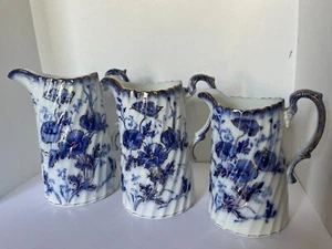 Set of 3 Antique Flow Blue & Gold Floral Poppies Pitchers - Picture 1 of 8