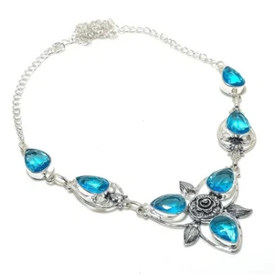 Swiss Blue Topaz Gemstone Handmade 925 Sterling Silver Jewelry Necklace Size 18" - Picture 1 of 1