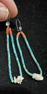 Native American Sterling Silver Earrings Turquoise Red Branch Beaded Coral Hooks - Image 1 of 4