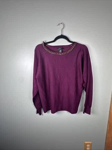 Adrienne Vittadini Eggplant Purple Lightweight Sweater Gold Embellishing Sz S - Picture 1 of 10