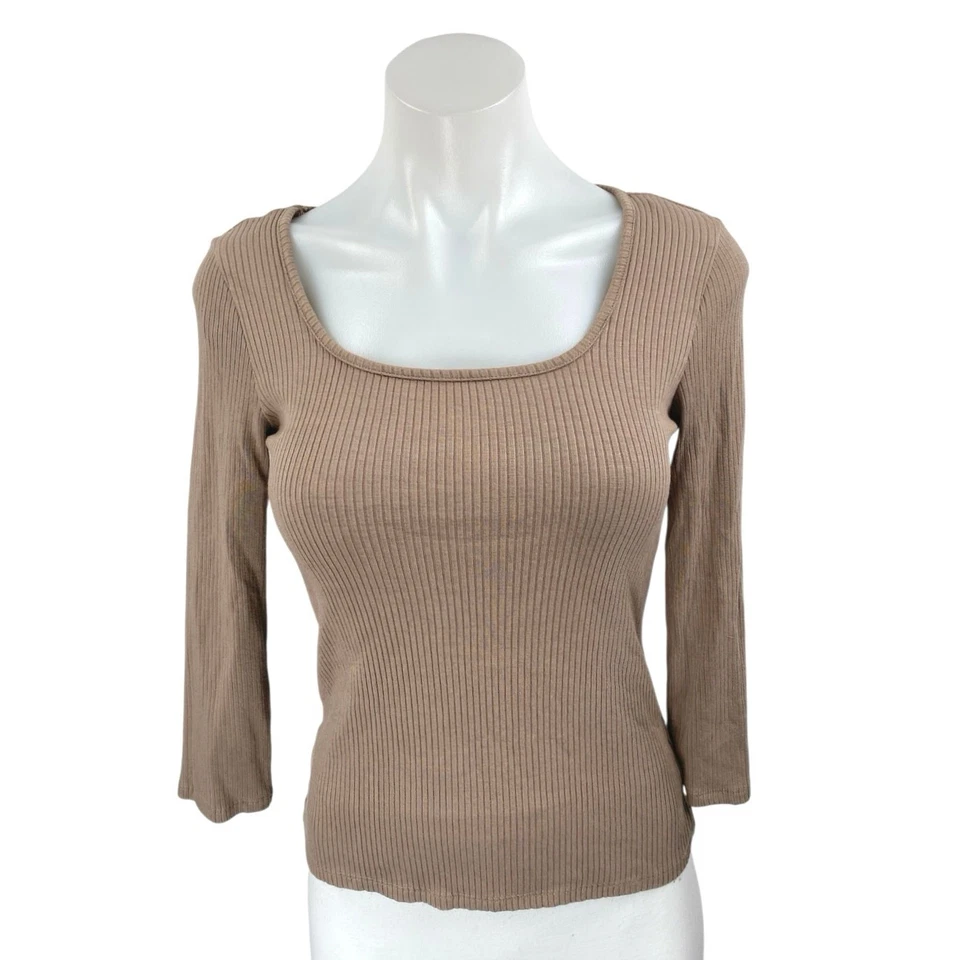 Camiseta Top Cyrus Mujer Beige Tostado Tejido Acanalado Manga Larga Cuello Cuadrado Talla S Foto 1 de 4