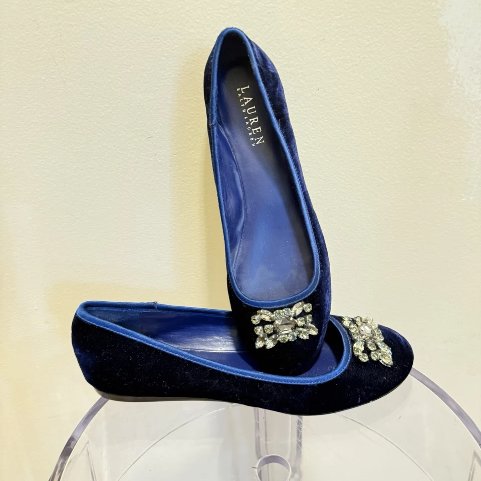 Lauren Ralph Lauren Adelisa Ballet Flats Blue Velvet Rhinestone Pull On - Image 1 of 4