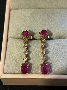 Vintage Hallmarked 9ct Yellow Gold Ruby & Pink Sapphire Dangle/Drop Earrings - Picture 1 of 11