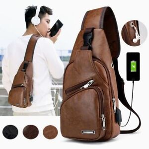 Mens PU Leather Chest Bag Shoulder Pack USB Charging Port Men Crossbody Handbags