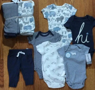 Carters Long Sleeve Blue Animal Print Shower Gift Set 8 pc with pant NEWBORN - Image 1 of 4