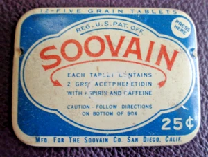Vintage Advertising Medicine Soovain Aspirin Tin 12 Tablet Size Old Drug Store - Picture 1 of 4