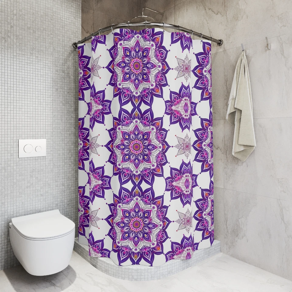 Cortina de ducha de tela con patrón de mandala púrpura - patrón étnico, decoración de baño Foto 1 de 1
