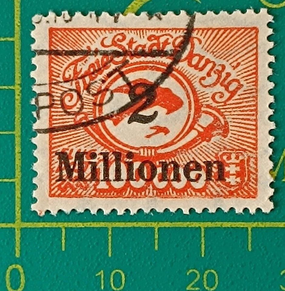 Gdansk stamp 1923, DANZIG- Sc C24 AP5 2mil m on 100,000m scarlet, Perf. 14, used - Image 1 of 4
