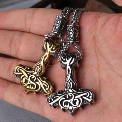 Mjolnir Hammer Stainless Steel Thor Hammer Pendant Necklace Nordic Viking Chain - Image 1 of 4