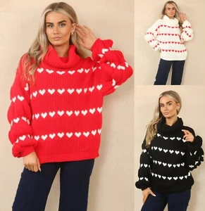 Damen Frauen Oversize Grobstrick Herz Pullover Langarm Pulli Tops - Bild 1 von 16