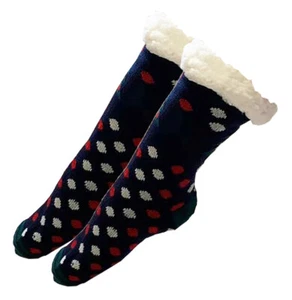 Womens Thick Knit Sherpa Fleece Slipper Socks Navy Base Red White Dots 9-11 - Picture 1 of 3
