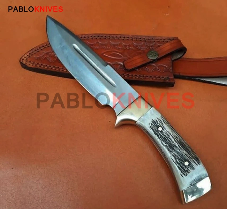 Cuchillo Bowie de hoja fija de caza de acero J2 hecho a mano premium de 13" cuerno de cuerno de ciervo Foto 1 de 1