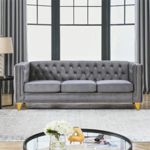 Modern 3 Seater Button Tufted Velvet Sofa Upholstered Couch with Gold Metal Legs - Picture 1 of 17