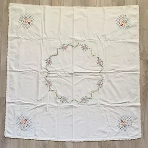 Vintage Hand Embroidered Floral Tablecloth 49 inch Square Blue Red Yellow Edging - Picture 1 of 10