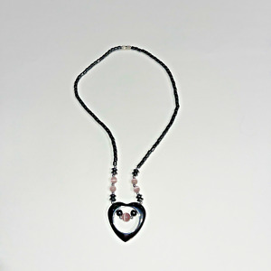Hematite Necklace Heart Pendant Pink Cat's Eye Beaded Barrel Clasp 18”