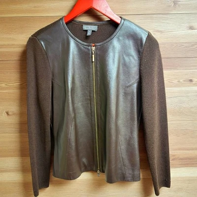 Retro Classiques Entier Brown Leather Ribbed Merino Wool Cardigan Jacket Size MP - Image 1 of 4