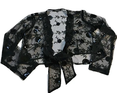 Lauren Max Women's XL Black Sheer Sequin Embroidered Cardigan Shrug Tie Front - Image 1 of 4