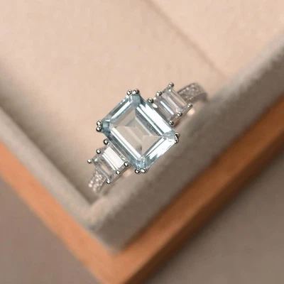 3.50 Ct Natural Aquamarine & Diamond Wedding Proposal Ring 14K Solid White Gold - Image 1 of 4