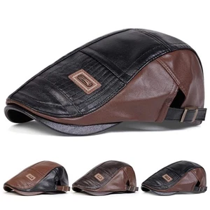 Gorra de noticiero de cuero bloque de color para hombre - Boina plana ajustable para primavera/otoño - Imagen 1 de 13