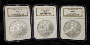 $1 Silver Eagle W Burnished 3 Coin Set - 2007 2008 & 2008 Rev of 2007 NGC MS69 - Picture 1 of 12