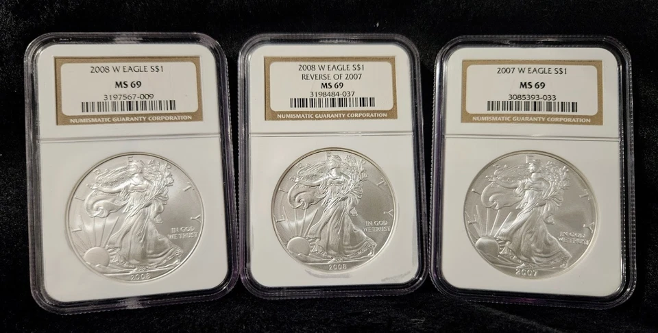 $1 Silver Eagle W Burnished  3 Coin Set - 2007 2008 & 2008 Rev of 2007 NGC MS69 - Image 1 of 4