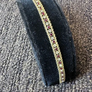 Vintage Gold Tone Ruby & Clear Rhinestone Chain Bracelet – 7.5" Double Row Spark - Picture 1 of 6