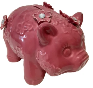 Sparschwein Keramik dunkelrosa mit Blumen & Glitzer Geldmünze sehr schönes Stück!! - Bild 1 von 10