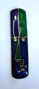 Vintage MODERNIST ENAMELED FACE BROOCH PIN Abstract Design Blue Green Purple 3" - Picture 1 of 6