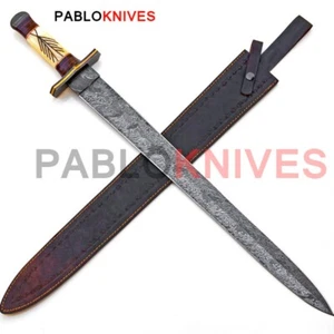 24" Hand Forged Damascus Steel Hunting Medieval Viking Mini Sword Bone Handle - Picture 1 of 3