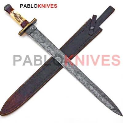 24" Hand Forged Damascus Steel Hunting Medieval Viking Mini Sword Bone Handle - Image 1 of 3