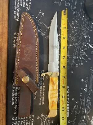 Faca de caça com bainha de couro 10,25" coletor de ossos cabo de osso amarelo - Imagem 1 de 4