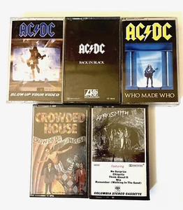 LOT 5 AC/DC WHO MADE BACK IN CROWDED HOUSE AEROSMITH ROCK CASSETTE TAPES JOACD - Picture 1 of 12