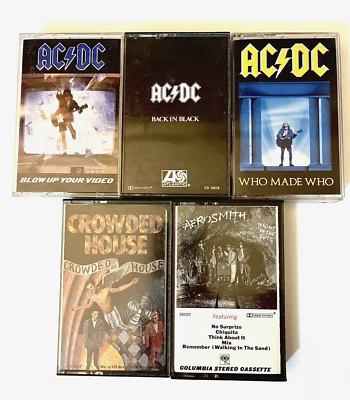 LOT 5 AC/DC WHO MADE BACK IN CROWDED HOUSE AEROSMITH ROCK CASSETTE TAPES JOACD - Image 1 of 4