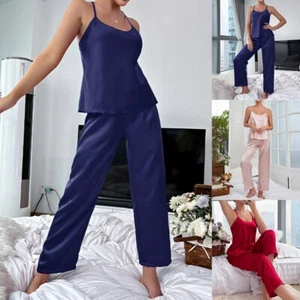 Women Satin Pyjamas Nightwear PJs Set Ladies Silk Sleeveless Sleepwear Outfits - Picture 1 of 14